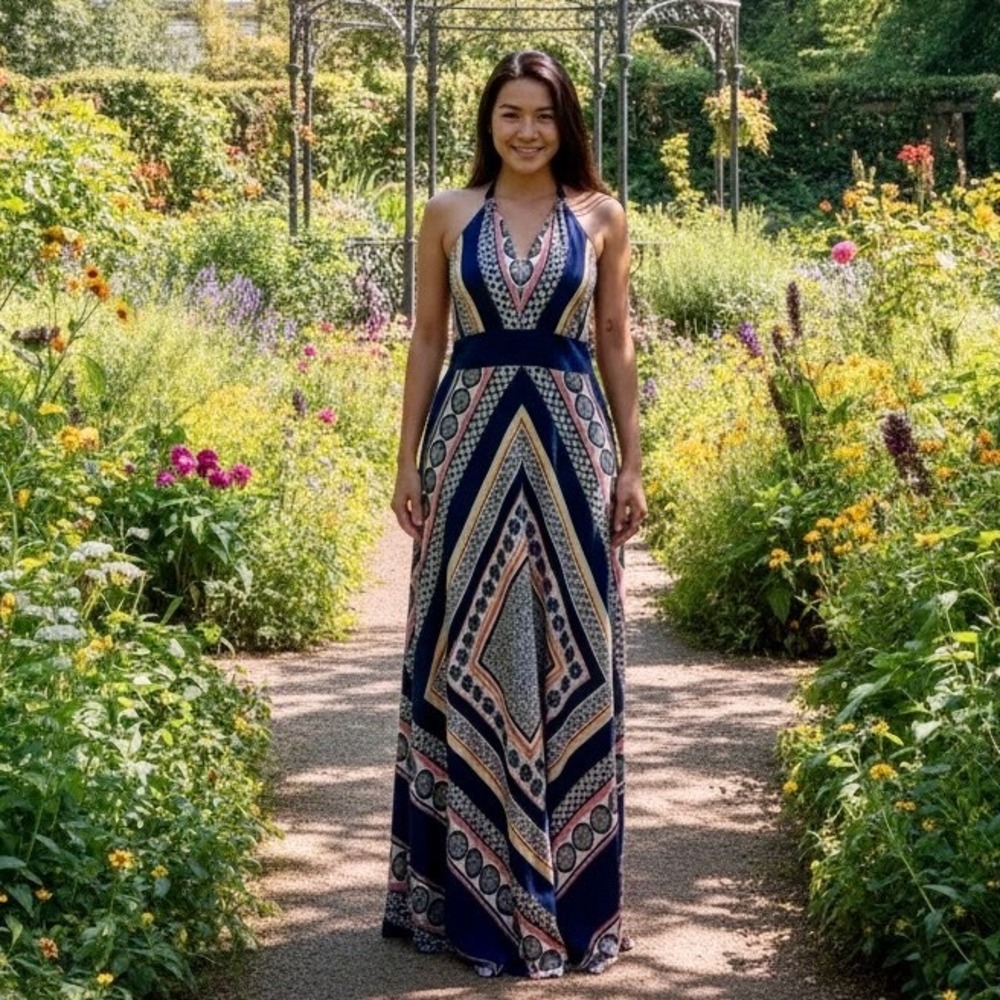 Eliza J Scarf Print Maxi Dress Women 6 Navy Blue Halter A Line Event Party Print